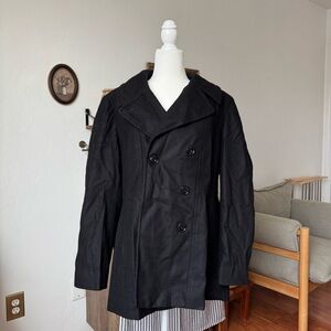 Long Fog Black Wool Coat Double Breasted Womens Size XL